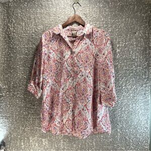 Chico's Women Linen Tunic Button Up No Iron 2, 12, 14 Petite Paisley Coastal